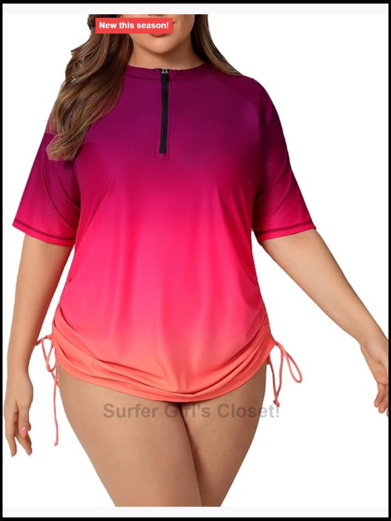 Plus Size Rash Guard Short Sleeve Swim Shirt With Half Zip Upf50+